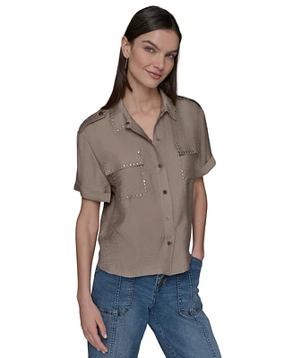 Karl Lagerfeld Paris Women's Studded Short-Sleeve Shirt