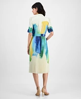 T Tahari Women's Pleated-Skirt Brushstroke-Print Belted Dress