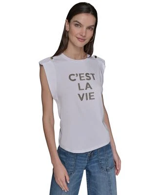 Karl Lagerfeld Paris Womens Studded Cest La Vie Top Xs P Xl