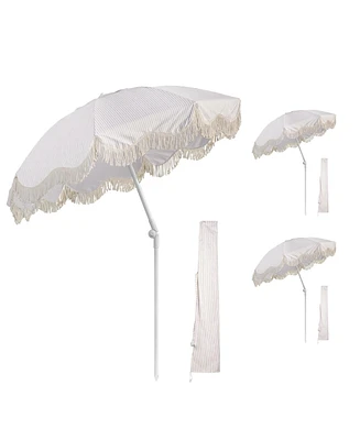 LAGarde Pack 6Ft Fringe Patio Umbrella with Push Button Tilt Carry Bag UV30+ Outdoor Yard Lawn Yard Party Purple Stripe