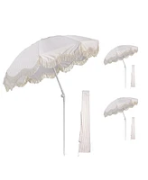 LAGarde Pack 6Ft Fringe Patio Umbrella with Push Button Tilt Carry Bag UV30+ Outdoor Yard Lawn Yard Party Purple Stripe