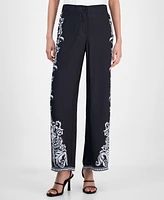 T Tahari Women's Wide-Leg Leaf-Print Straight-Leg Pants