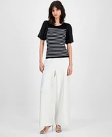 T Tahari Women's Striped Puffed-Sleeve Ribbed Top
