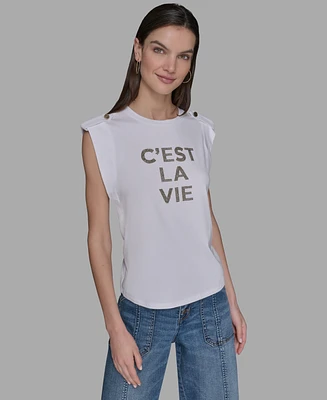 Karl Lagerfeld Paris Petite C'est La Vie Studded Top