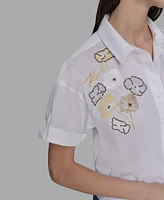 Karl Lagerfeld Paris Petite Cotton Embroidered Studded Blouse