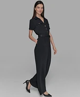 Karl Lagerfeld Paris Petite Belted Short-Sleeve Button-Front Jumpsuit