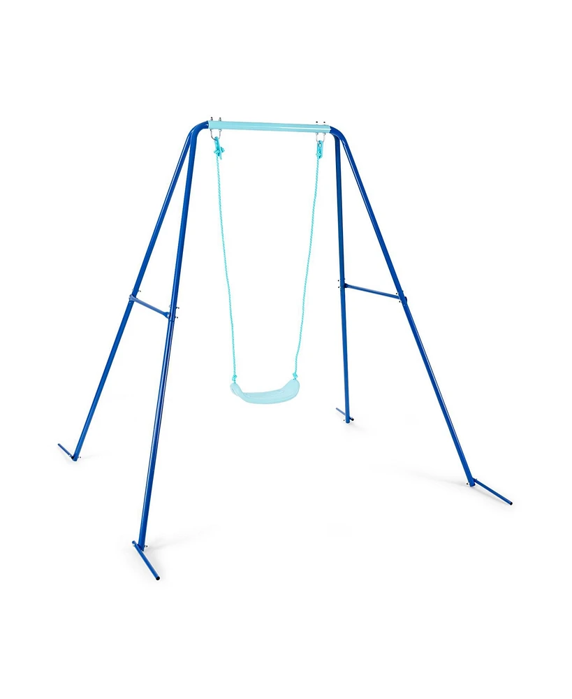 Outdoor Kids Swing Set with Heavy-Duty Metal A-Frame and Ground Stakes