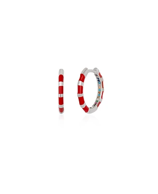 Spero London Enamel Red Fine Stripe Sterling Silver Hoop Earrings With Multi Color Zirconia Interior