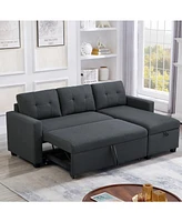 Upholstered Pull Out Sectional Sofa with Storage Chaise, Convertible Corner Couch, Dark Grey
