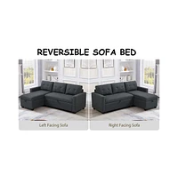 Upholstered Pull Out Sectional Sofa with Storage Chaise, Convertible Corner Couch, Dark Grey
