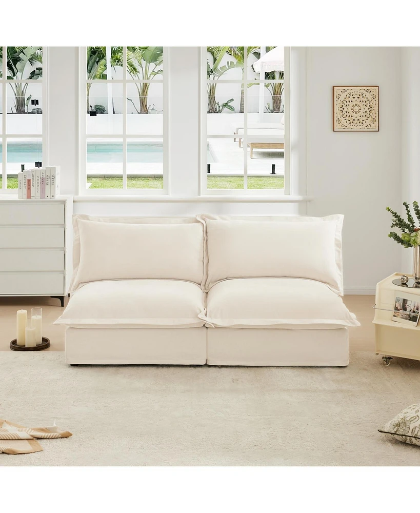 Slipcovered 2-Seater Armless Sofa with Pillows, Chenille Fabric, Cream
