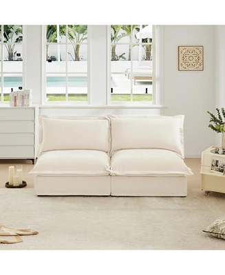 Slipcovered 2-Seater Armless Sofa with Pillows, Chenille Fabric, Cream