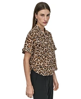 Dkny Petite Printed Short-Sleeve Button-Front Shirt