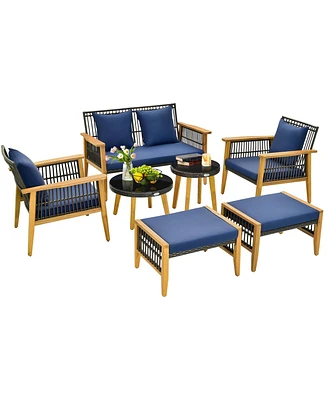 7 Piece Conversation Set Rattan Woven Chair Set with 2 Coffee Tables & 2 Ottomans