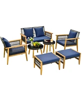 7 Piece Conversation Set Rattan Woven Chair Set with 2 Coffee Tables & 2 Ottomans