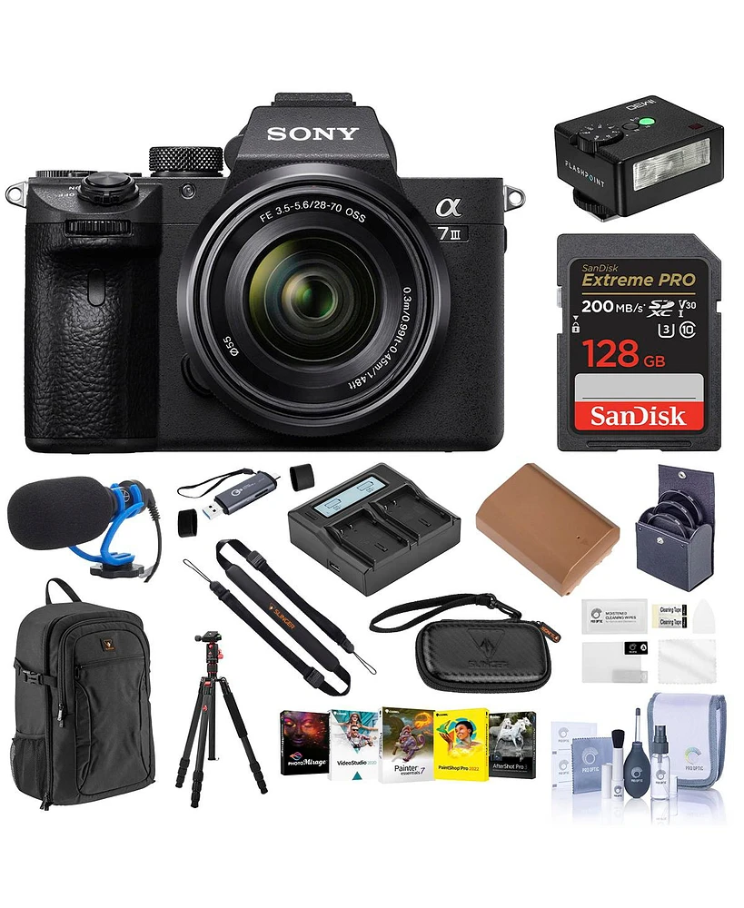 Sony Alpha a7 Iii Mirrorless Camera with Fe 28-70mm f/3.5-5.6 Oss Lens, Black, Bundle with 128GB Memory Card, Backpack, Tripod/Monopod, Extra Battery,
