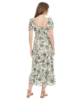 London Times Women's Puff-Sleeve Ruched Smocked-Back Empire Midi Dress