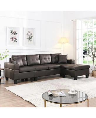 Modern Chaise Sectional Set with Cup Holder, 4-Seater (Chocolate Brown)