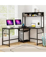 L-shaped Desk with Power Outlet Hutch