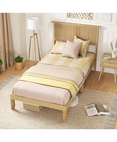 Gymax Twin Size Bed Frame w/ Rattan Headboard 10 Solid Wood Legs & 12 Wooden Slats