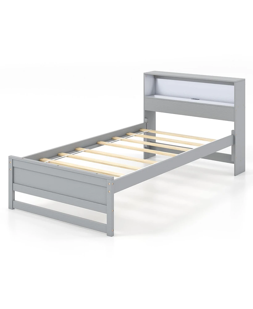 Gymax Twin Wooden Bed Frame w/ Charging Station & Led Light Storage Headboard