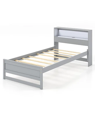 Gymax Twin Wooden Bed Frame w/ Charging Station & Led Light Storage Headboard