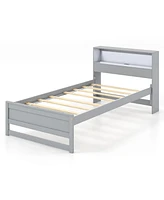 Gymax Twin Wooden Bed Frame w/ Charging Station & Led Light Storage Headboard