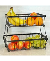 2-Tier Fruit Basket for Kitchen Counter - Metal Wire Rustic Storage Basket for the Countertop - Black - 15.25" W