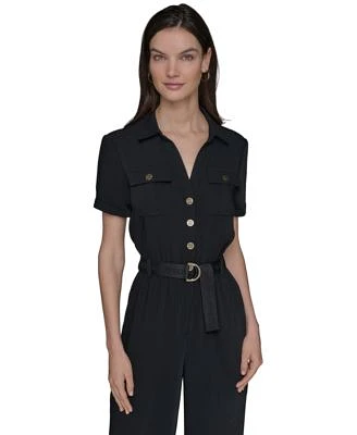 Karl Lagerfeld Paris Womens Button Down Belted Jumpsuit 0 14p