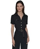 Karl Lagerfeld Paris Womens Button Down Belted Jumpsuit 0 14p