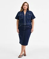 Bar Iii Trendy Plus Seamed Denim Zip-Front Top, Exclusively at Macy's