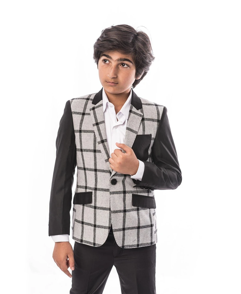 Elie Balleh Boys Grey Slim Fit Windowpane Plaid Blazer