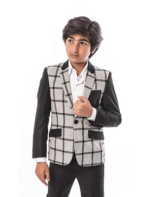 Elie Balleh Boys Grey Slim Fit Windowpane Plaid Blazer