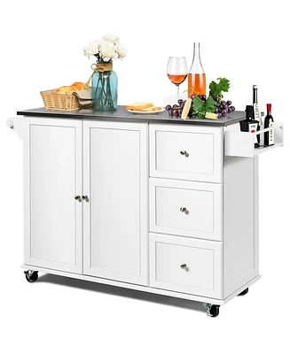 Kitchen Island 2-Door Storage Cabinet with Drawers and Stainless Steel Top