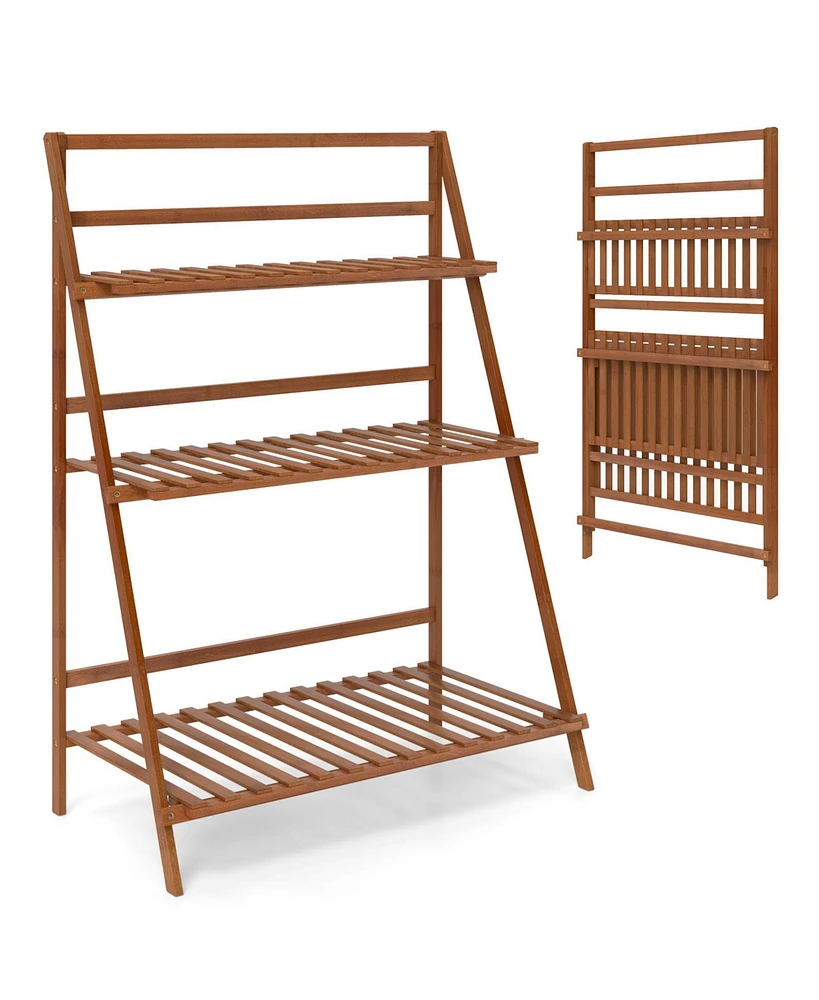 3-Tier Bamboo Ladder Shelf Foldable Plant Flower Bookshelf