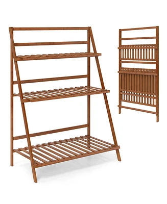 3-Tier Bamboo Ladder Shelf Foldable Plant Flower Bookshelf