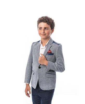 Elie Balleh Toddler Blue Slim Fit Tweed & Faux Leather Blazer