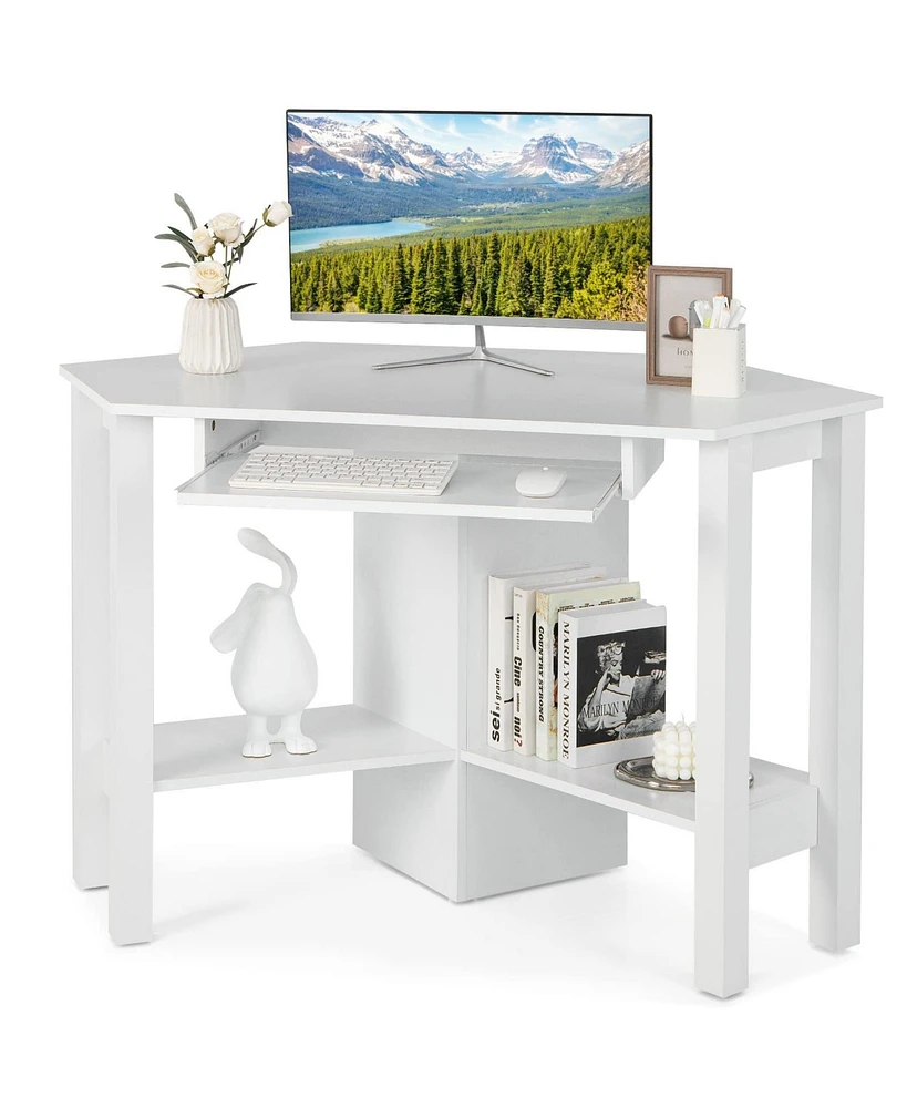 Wooden Study Computer Corner Desk with Keyboard Tray