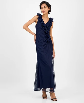Alex Evenings Petite Ruffled V-Neck Sleeveless Mesh Gown