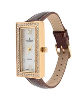 Women's 35x20mm Crystal Bezel Watch with Glossy Brown Leather Strap