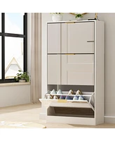 Wooden 3-door natural shoe cabinet,Mirror door panel, multi-purpose rack with metal handles