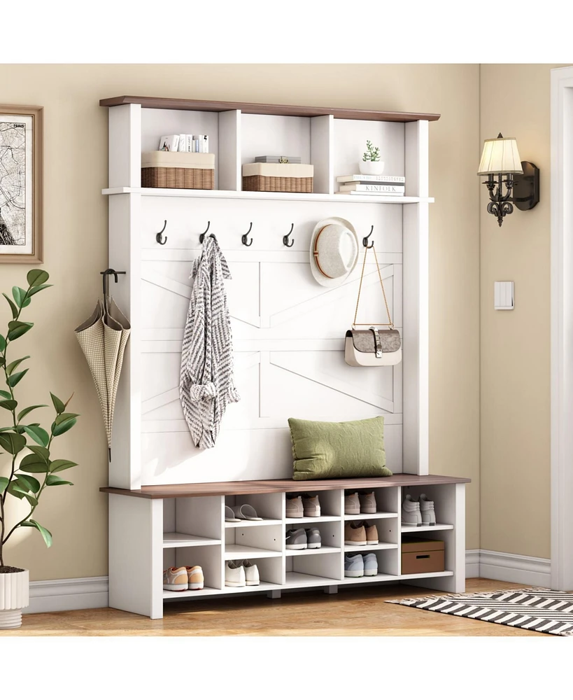 Farmhouse Hall Tree: Bench, Shelves, Hooks, & Shoe Storage
