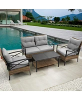 Mondawe Patio 4 piece sectional low dining conversation sofa set- Kd rattan wicker outdoor garden furniture corner sofa set with cushion.
