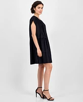 Robbie Bee Women's Short-Sleeve Pintuck Cotton Babydoll Dress