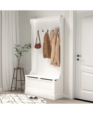 Entryway Bench with Coat Rack, Shoe Storage, & Hooks - White