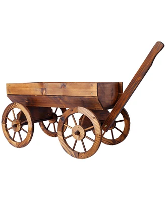 Wood Wagon Flower Planter Pot Stand W/Wheels Home Garden Outdoor Decor
