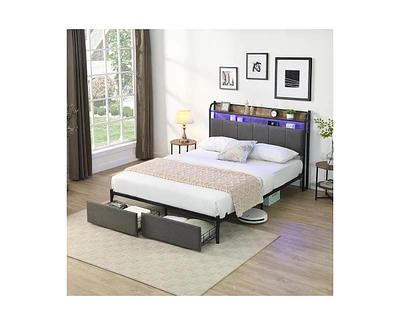 Full Bed Frame, Storage Headboard with Charging Station, Solid and Stable, Noise Free, No Box Spring Needed, Easy Assembly