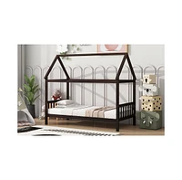 Twin House Bed with Headboard and Footboard, Twin Rubber Wood Bed with House Frame,Esspresso