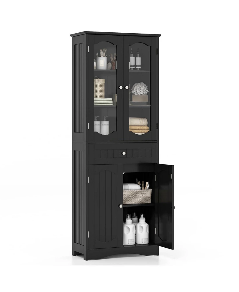 63 Inch Tall Bathroom Storage Cabinet with 2 Glass Doors and Adjustable Shelves