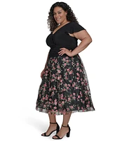 Jessica Howard Plus Mixed-Media Mesh-Skirt Fit & Flare Dress